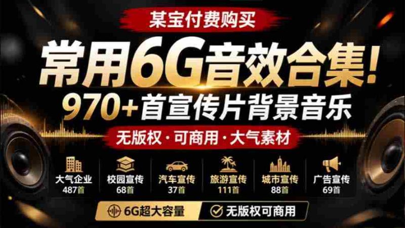 (19764期)某宝付费购买,常用6G音效合集!970+首宣传片背景音乐,无版权可商用大气素材,分类清晰,高质量内容-一起发