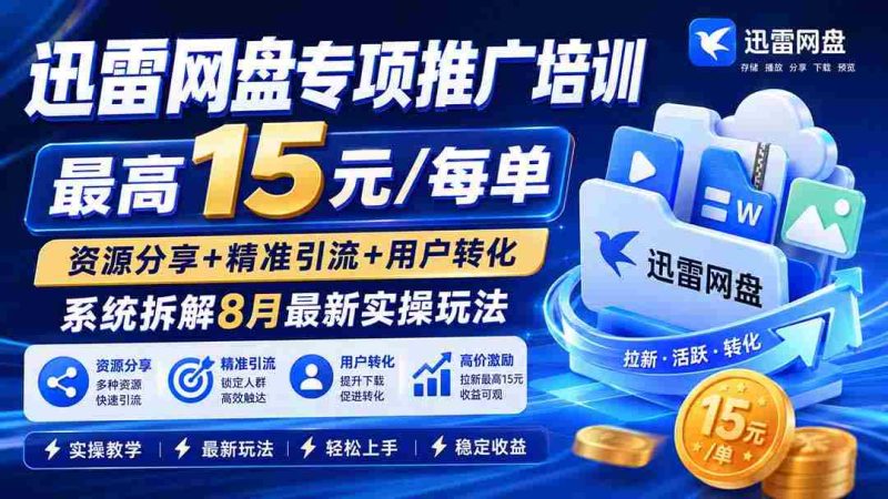 (19901期)迅雷网盘专项推广培训-更新8月——最高15元/每单,资源分享+精准引流+用户转化,系统拆解最新实操玩法-一起发
