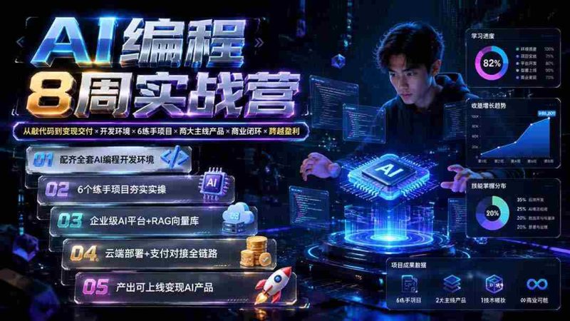 (19662期)AI编程8周实战营:从敲代码到变现交付×开发环境×6练手项目×两大主线产品×商业闭环×跨越盈利-一起发