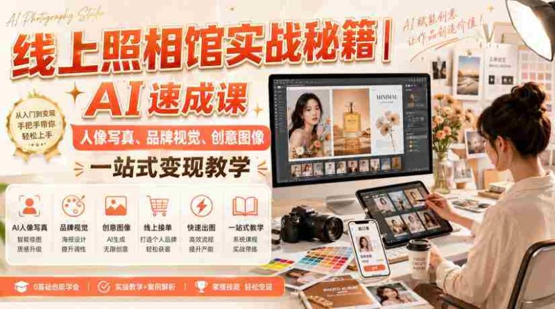 线上照相馆实战秘籍|AI速成课,人像写真、品牌视觉、创意图像一站式变现教学-一起发