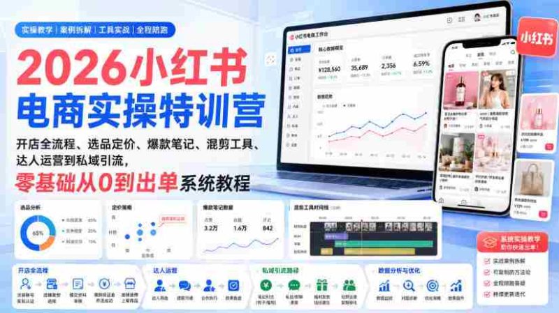 2026小红书电商实操特训营|开店全流程、选品定价、爆款笔记、混剪工具、达人运营到私域引流,零基础从0到出单系统教程-一起发
