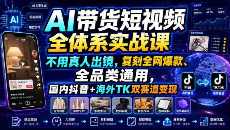 AI带货短视频全体系实战课，不用真人出镜，复刻全网爆款、全品类通用，国内抖音+海外TK双赛道变现-一起发
