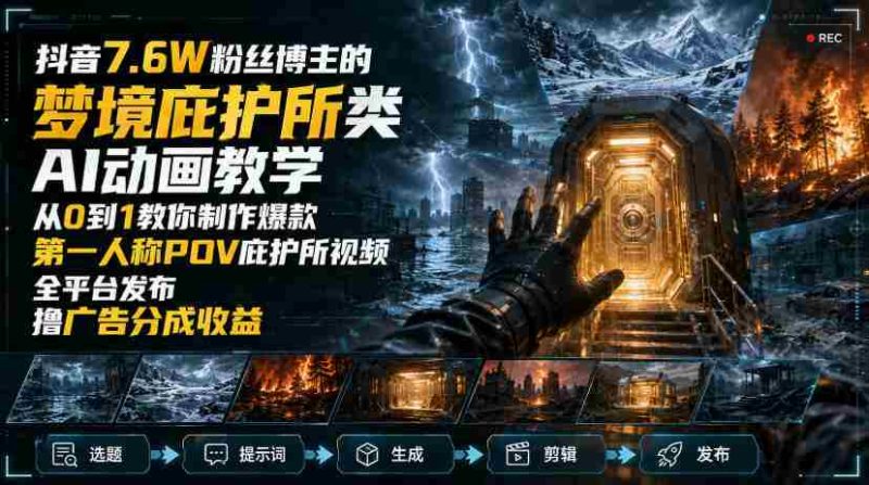 抖音7.6W粉丝博主的梦境庇护所类AI动画教学，从0到1教你制作爆款第一人称POV庇护所视频，全平台发布撸广告分成收益-一起发