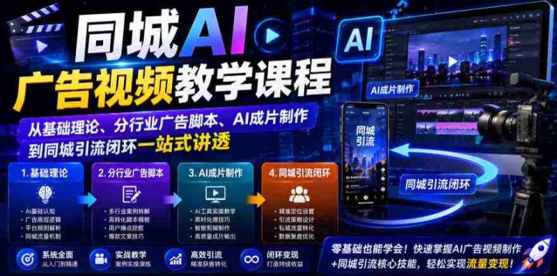 同城AI广告视频教学课程,从基础理论、分行业广告脚本、AI成片制作到同城引流闭环一站式讲透-一起发