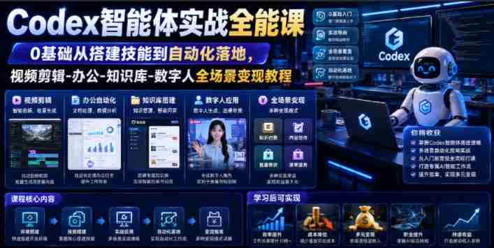 Codex智能体实战全能课｜0基础从搭建技能到自动化落地，视频剪辑-办公-知识库-数字人全场景变现教程-一起发