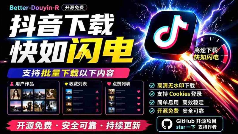 (19445期)别再乱找了!D音下载快如闪电,支持批量下载用户作品收藏列表和点赞列表,开源免费 Better-douyin-R-一起发