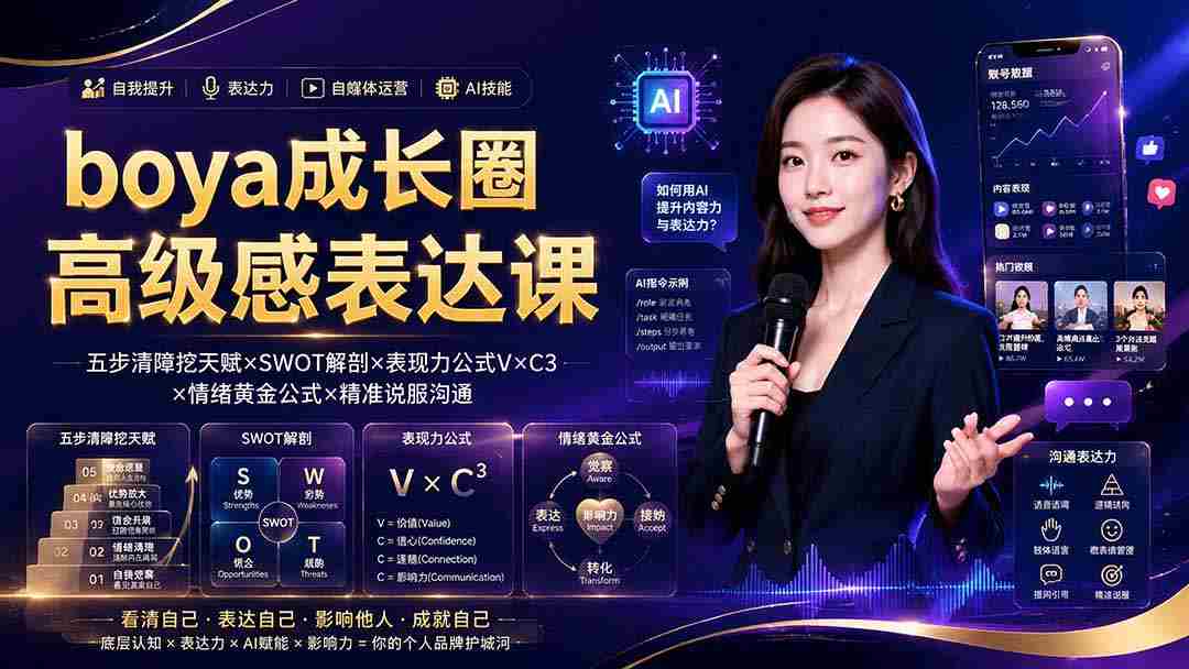 （19582期）boya成长圈｜内心成长高级表达AI自媒体三合一，消解内耗挖掘天赋，镜头沟通AI指令短视频全流程教学-一起发