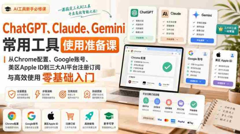 ChatGPT、Claude、Gemini常用工具使用准备课|从Chrome配置、Google账号、美区Apple ID到三大AI平台注册订阅与高效使用零基础入门-一起发