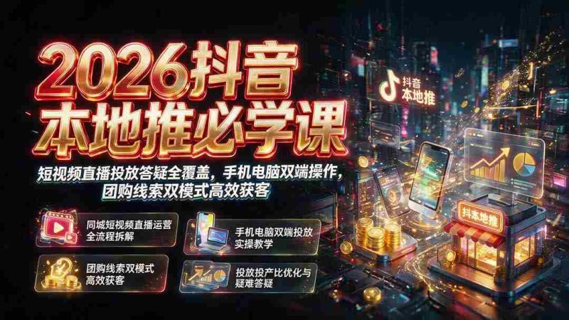 (19618期)2026抖音本地推必学课|短视频直播投放答疑全覆盖,手机电脑双端操作,团购线索双模式高效获客-一起发