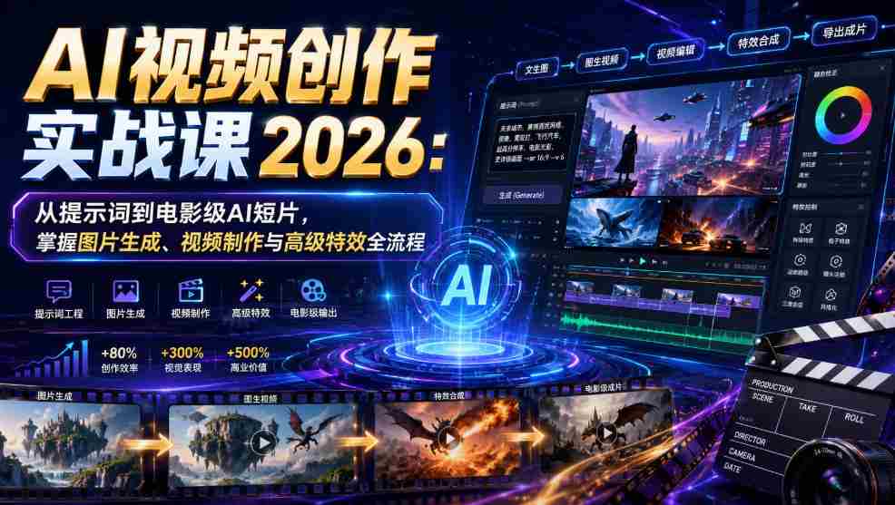 AI视频创作实战课2026：从提示词到电影级AI短片，掌握图片生成、视频制作与高级特效全流程-一起发