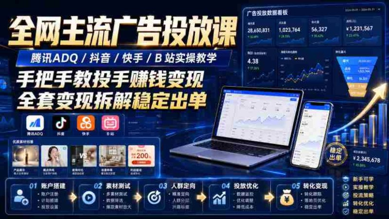 全网主流广告投放课，腾讯ADQ / 抖音 / 快手 / B 站实操教学，手把手教投手赚钱变现，全套变现拆解稳定出单-一起发