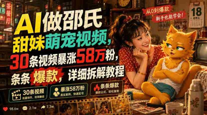 AI做邵氏甜妹萌宠视频,30条视频暴涨58万粉,条条爆款,详细拆解教程-一起发