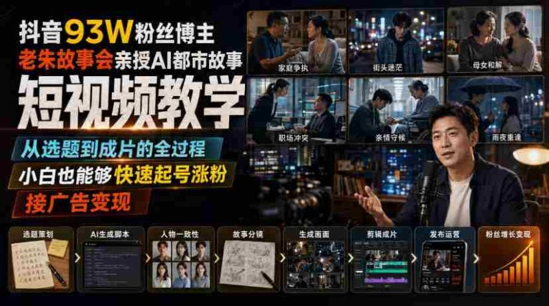 抖音93W粉丝博主老朱故事会亲授AI都市故事短视频教学,从选题到成片的全过程,小白也能够快速起号涨粉接广告变现-一起发