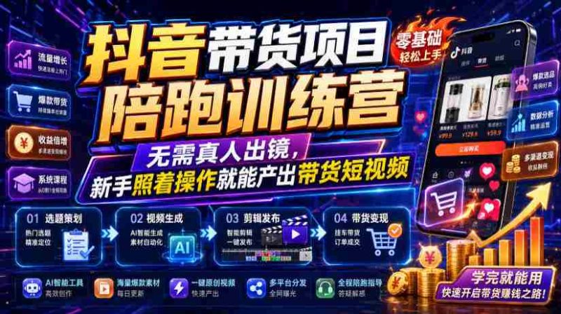 抖音带货项目陪跑训练营,无需真人出镜,新手照着操作就能产出带货短视频-一起发