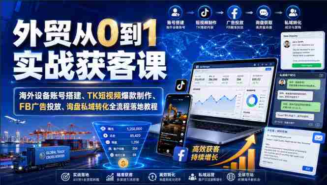 外贸从0到1实战获客课｜海外设备账号搭建、TK短视频爆款制作、FB广告投放、询盘私域转化全流程落地教程-一起发