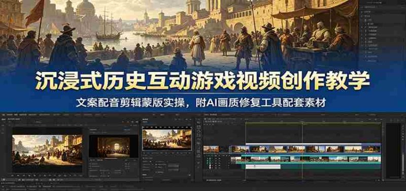 沉浸式历史互动游戏视频创作教学：文案配音剪辑蒙版实操，附AI画质修复工具配套素材-一起发