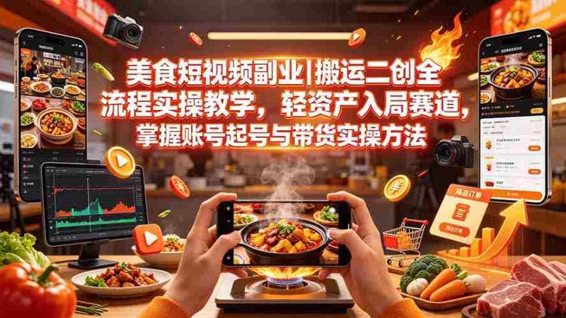 （19535期）美食短视频副业｜搬运二创全流程实操教学，轻资产入局赛道，掌握账号起号与带货实操方法-一起发
