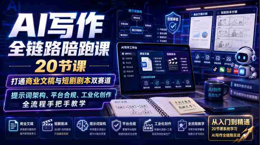AI写作全链路陪跑课|20节课打通商业文稿与短剧剧本双赛道,提示词架构、平台合规、工业化创作全流程手把手教学