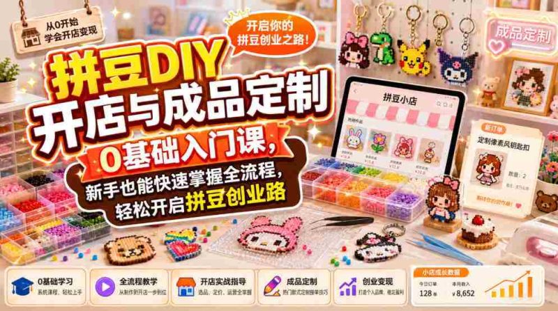 拼豆DIY开店与成品定制0基础入门课,新手也能快速掌握全流程,轻松开启拼豆创业路-一起发