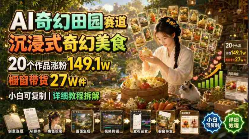 AI奇幻田园赛道,沉浸式奇幻美食,20个作品涨粉149.1W,橱窗带货27W件,小白可复制,详细教程拆解-一起发
