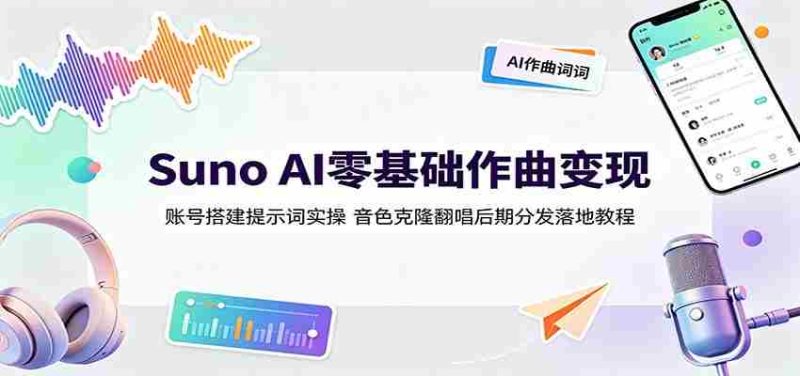 Suno AI零基础作曲变现:账号搭建提示词实操,音色克隆翻唱后期分发落地教程-一起发