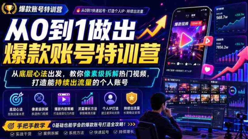从0到1做出爆款账号特训营,从底层心法出发,教你像素级拆解热门视频,打造能持续出流量的个人账号-一起发