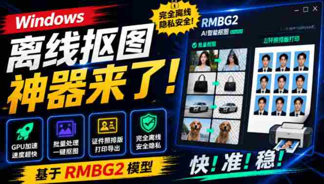 Windows离线抠图神器来了！支持批量抠图+证件照排版打印，基于RMBG2模型，GPU加速方块AI抠图-一起发