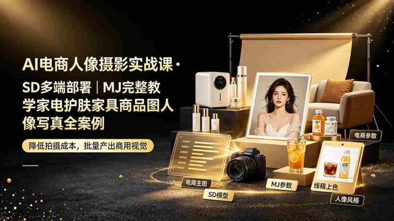（19262期）AI电商人像摄影实战课·SD多端部署｜MJ完整教学｜家电护肤家具商品图人像写真全案例-一起发