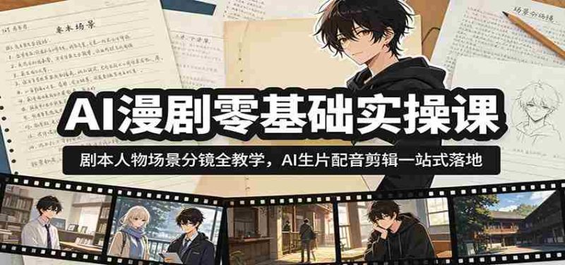 AI漫剧零基础实操课:剧本人物场景分镜全教学,AI生片配音剪辑一站式落地-一起发