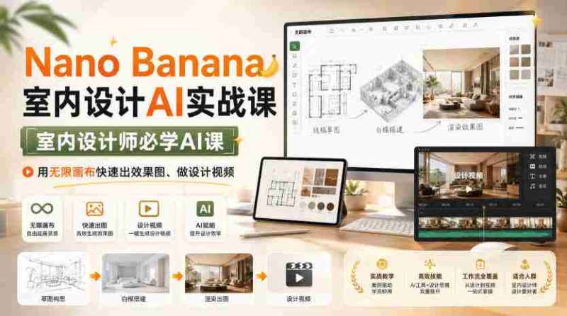 Nano Banana室内设计AI实战课,室内设计师必学AI课,用无限画布快速出效果图、做设计视频-一起发