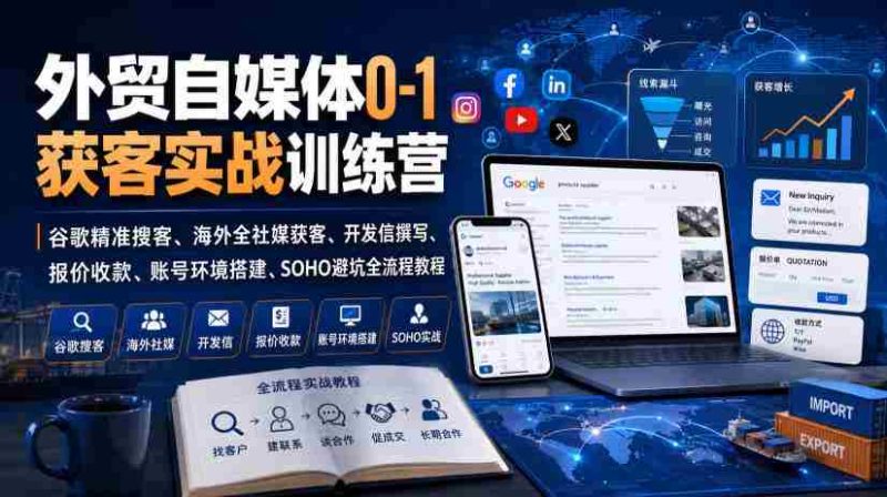 外贸自媒体0-1获客实战训练营｜谷歌精准搜客、海外全社媒获客、开发信撰写、报价收款、账号环境搭建、SOHO避坑全流程教程-一起发
