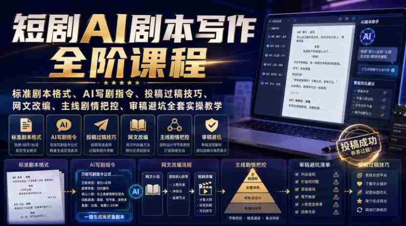 短剧AI剧本写作全阶课程|标准剧本格式、AI写剧指令、投稿过稿技巧、网文改编、主线剧情把控、审稿避坑全套实操教学-一起发