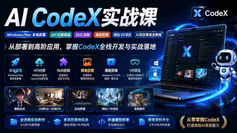 （19769期）AI  CodeX实战课｜Windows/Mac 本地部署｜API 对接调通｜Skill 自制｜漫剧剪辑｜网站 VR 项目｜AI项目落地全教程-一起发