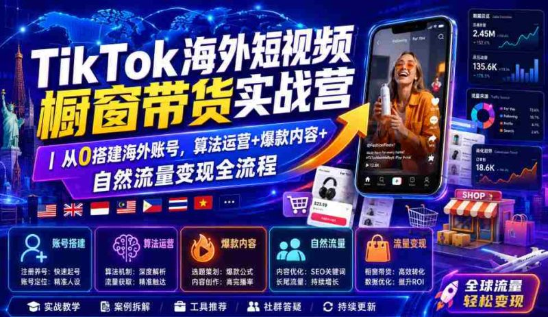 TikTok海外短视频橱窗带货实战营|从0搭建海外账号,算法运营+爆款内容+自然流量变现全流程-一起发