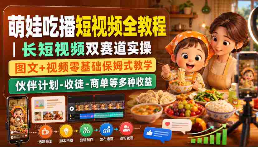 萌娃吃播短视频全教程｜长短视频双赛道实操，图文+视频零基础保姆式教学，伙伴计划-收徒-商单等多种变现方式-一起发