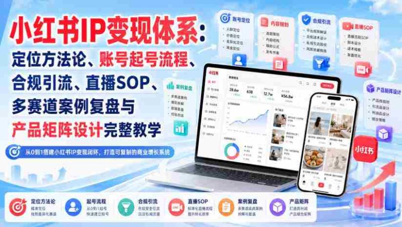 小红书IP变现体系:定位方法论、账号起号流程、合规引流、直播SOP、多赛道案例复盘与产品矩阵设计完整教学-一起发