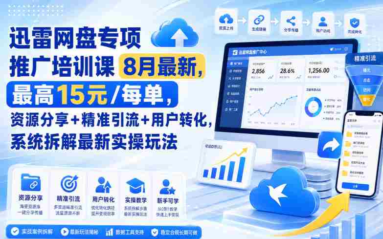 迅雷网盘专项推广培训课8月最新,最高15米/每单,资源分享+精准引流+用户转化,系统拆解最新实操玩法(持续更新)-一起发