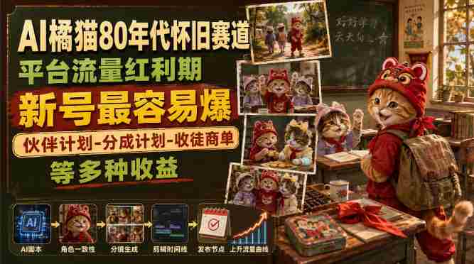 AI橘猫80年代怀旧赛道，平台流量红利期，新号最容易爆，伙伴计划-分成计划-收徒商单等多种收益-一起发