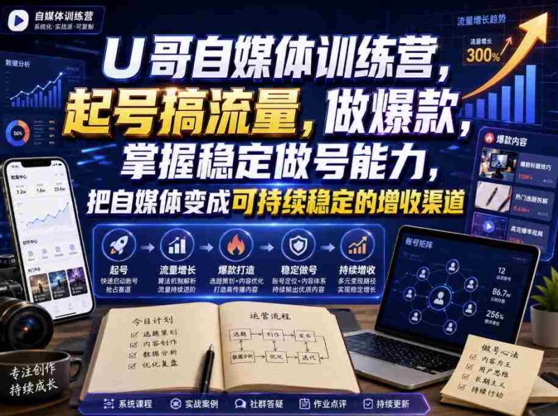 U哥自媒体训练营,起号搞流量,做爆款,掌握稳定做号能力,把自媒体变成可持续稳定的增收渠道-一起发