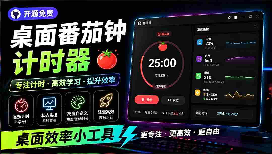 （19564期）仅1.16MB，开源极简的桌面时钟、番茄钟计时器，还支持系统监控显示，桌面效率小工具 Catime-一起发