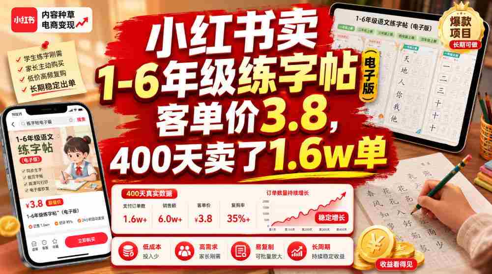 小红书卖1-6年级练字帖(电子版),客单价3.8,400天卖了1.6w单