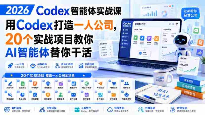 2026 Codex智能体实战课，用Codex打造一人公司，20个实战项目教你AI智能体替你干活-一起发