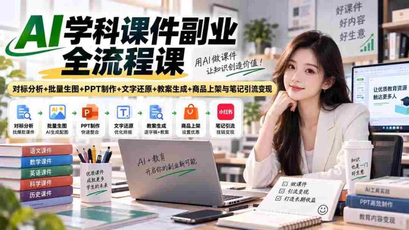 AI学科课件副业全流程课|对标分析+批量生图+PPT制作+文字还原+教案生成+商品上架与笔记引流变现-一起发