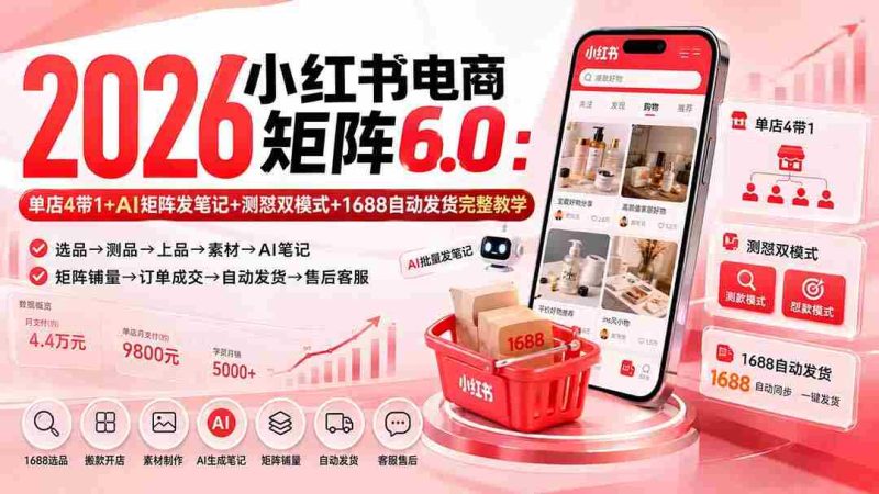 (20310期)2026小红书电商矩阵6.0:单店4带1+AI矩阵发笔记+测怼双模式+1688自动发货完整教学-一起发