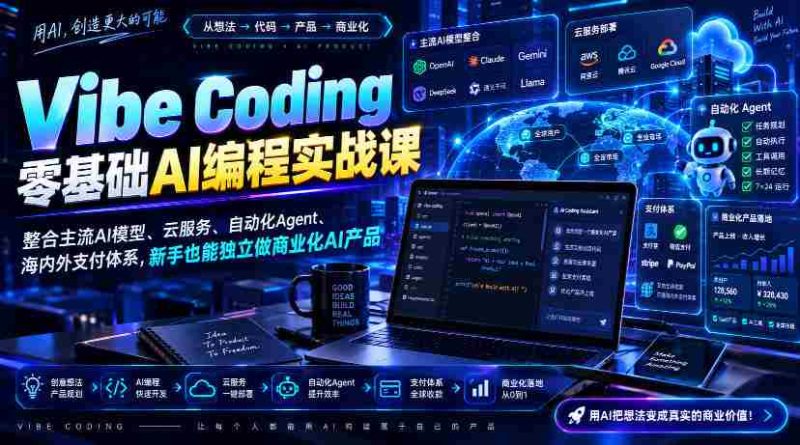 Vibe Coding零基础AI编程实战课-无水印,整合主流AI模型、云服务、自动化Agent、海内外支付体系,新手也能独立做商业化AI产品-一起发