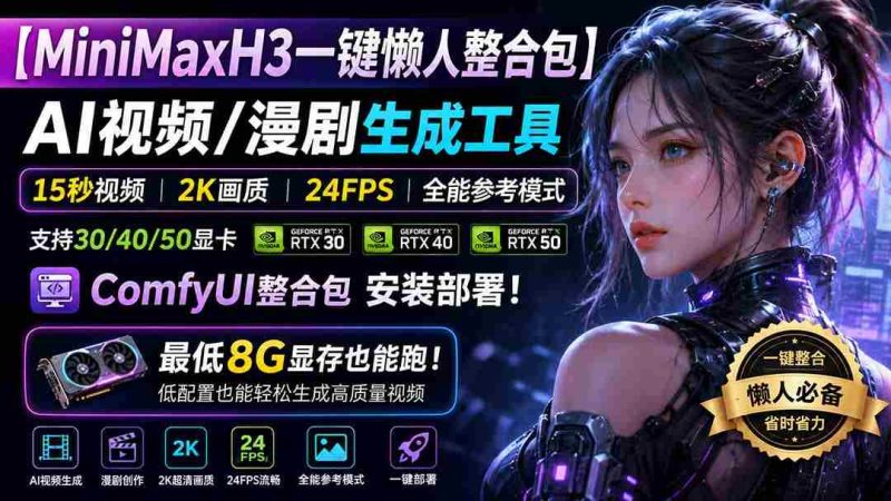 (20130期)MiniMaxH3一键懒人整合包:AI视频/漫剧生成工具,15秒视频_2K画质_24FPS_全能模式,支持30_40_50显卡,8g显存也能跑-一起发