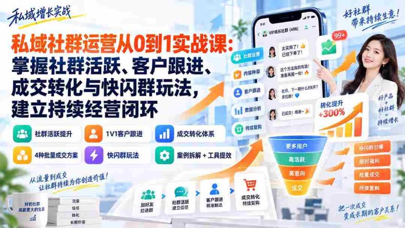 私域社群运营从0到1实战课:掌握社群活跃、客户跟进、成交转化与快闪群玩法,建立持续经营闭环-一起发