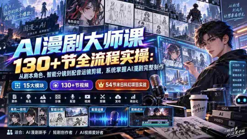 (20326期)AI漫剧大师课130+节全流程实操:从剧本角色、智能分镜到配音运镜剪辑,系统掌握AI漫剧完整制作-一起发