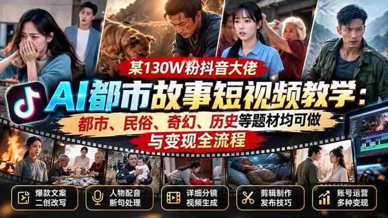 某130W粉抖音大佬AI都市故事短视频教学:都市、民俗、奇幻、历史等题材均可做与变现全流程-一起发
