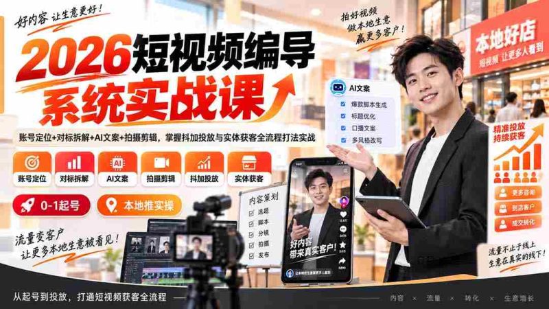 (20305期)2026短视频编导系统实战课:账号定位+对标拆解+AI文案+拍摄剪辑,掌握抖加投放与实体获客全流程打法实战-一起发